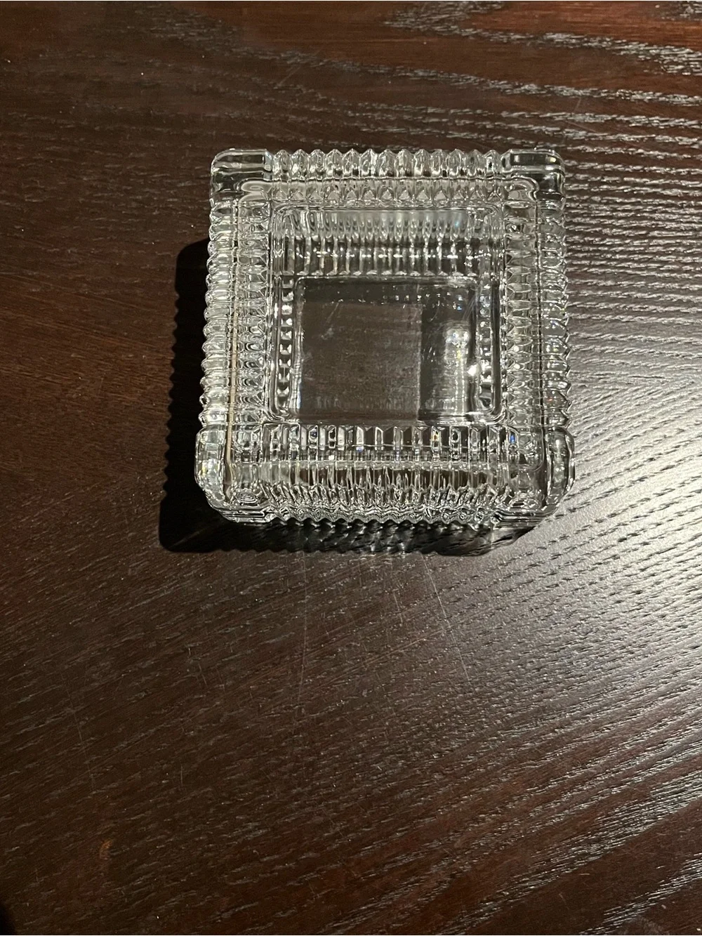VINTAGE GLASS TRINKET BOX LIDDED SQUARE CLEAR RIBBED COLLECTIBLE MEMORABILIA
